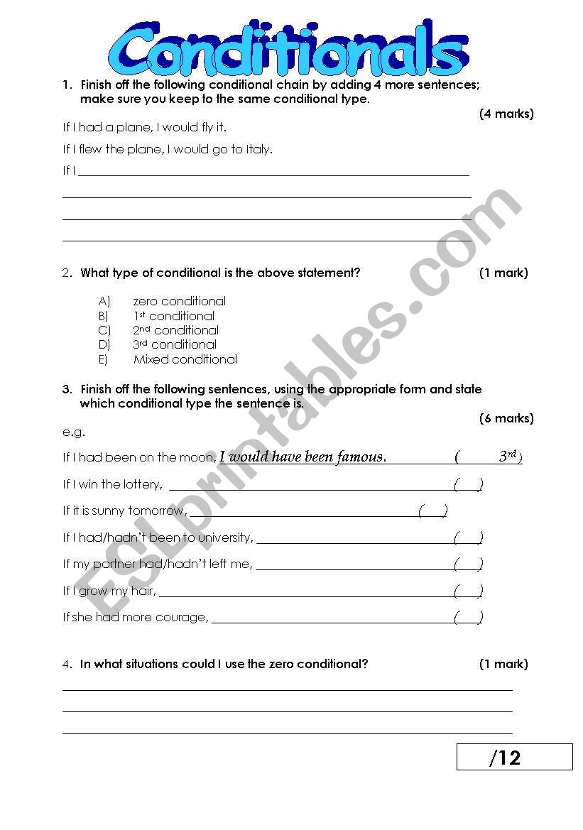 Conditionals Test worksheet