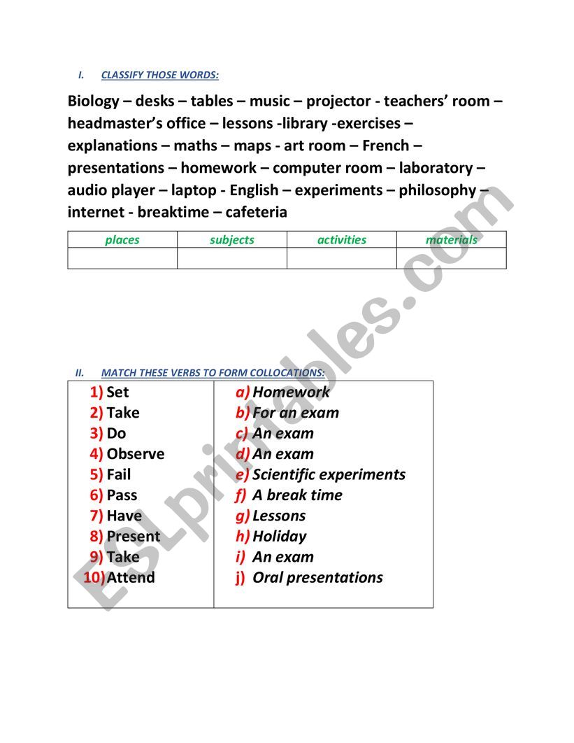 education school life worksheet