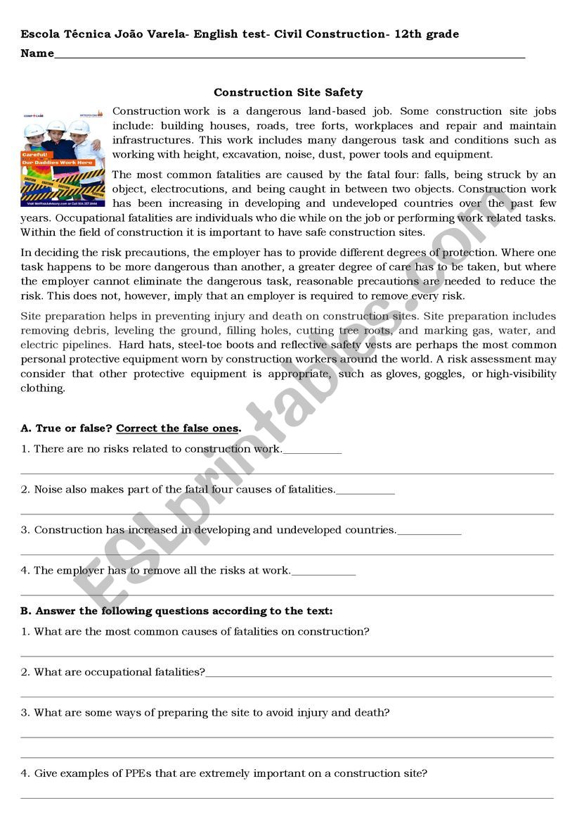 Safety at work worksheet