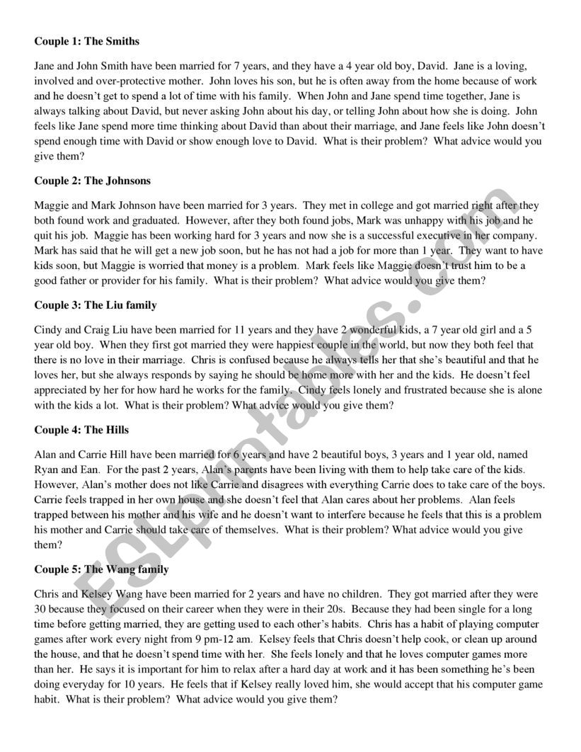 Marriage Counseling Scenarios worksheet