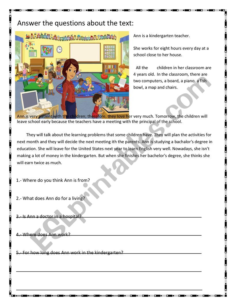 A kindergarten teacher worksheet
