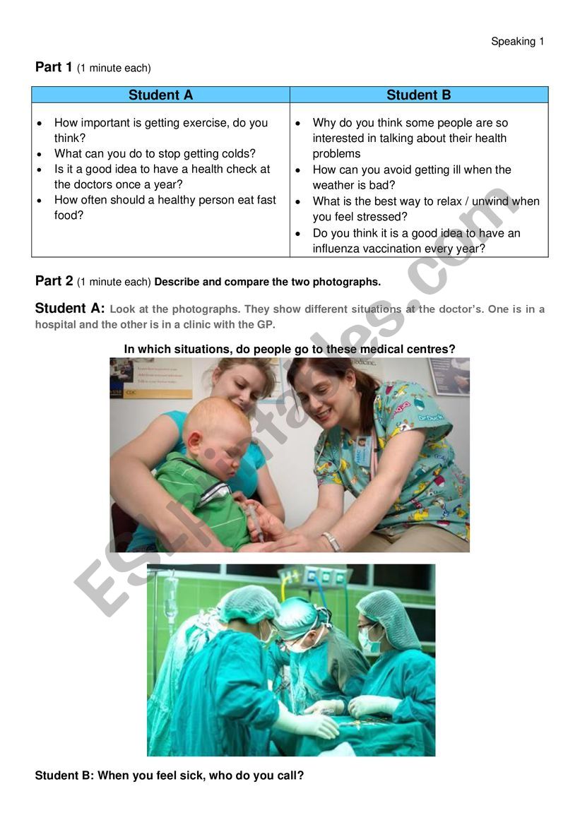 Speaking HEALTH FCE format worksheet