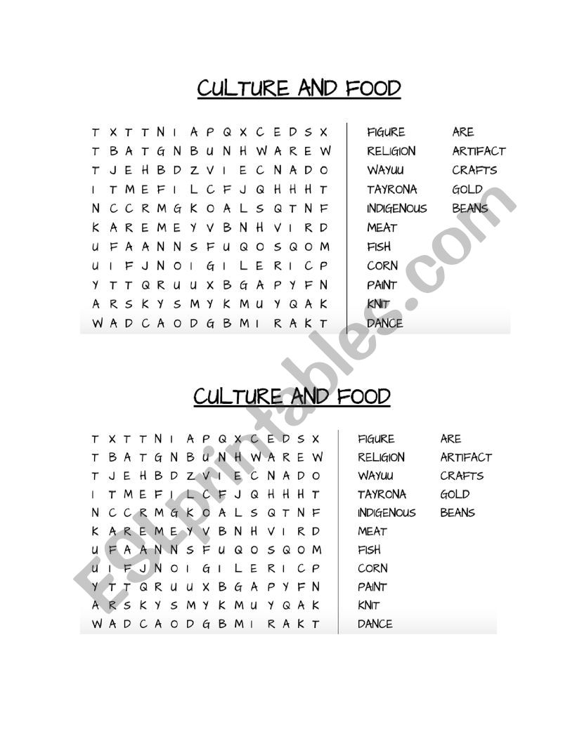 culture and food wordsearch worksheet