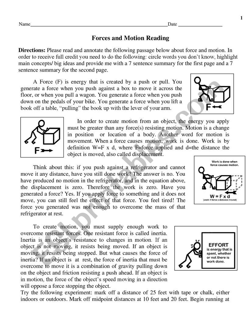 Force and Motion - ESL worksheet by TesM Pertaining To Force And Motion Worksheet Answers