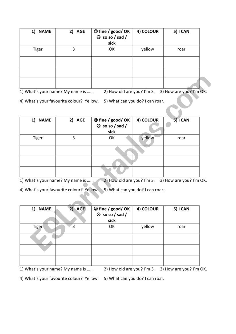 Speaking table worksheet