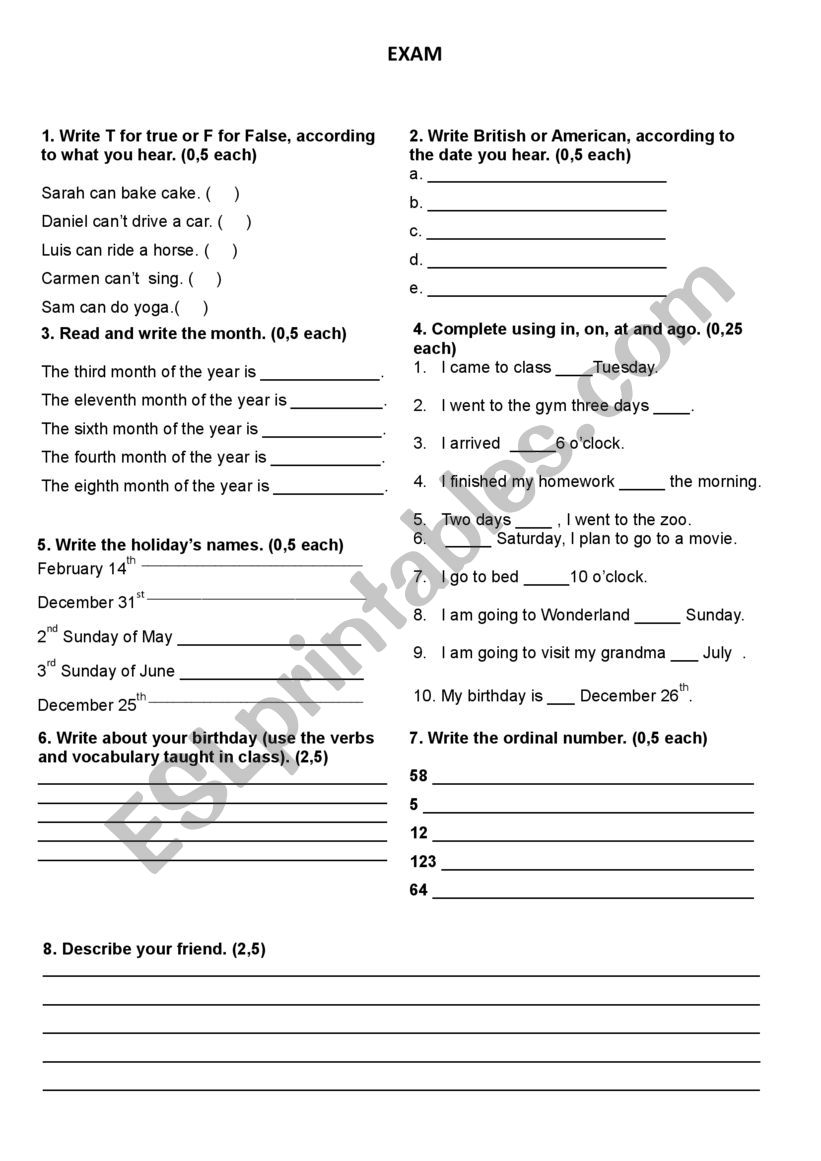 English Exam worksheet