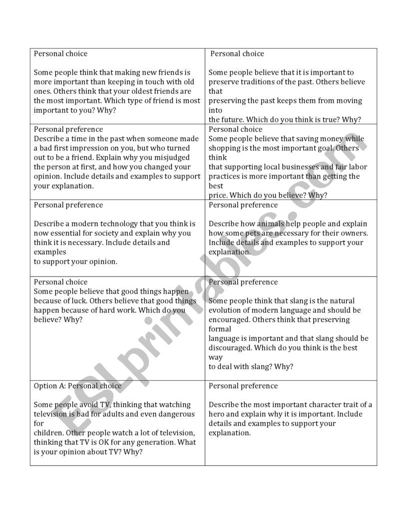 personal choice worksheet