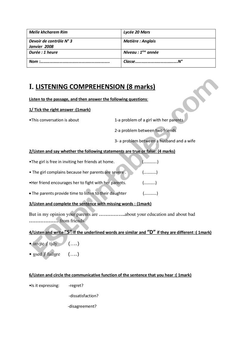 exam worksheet