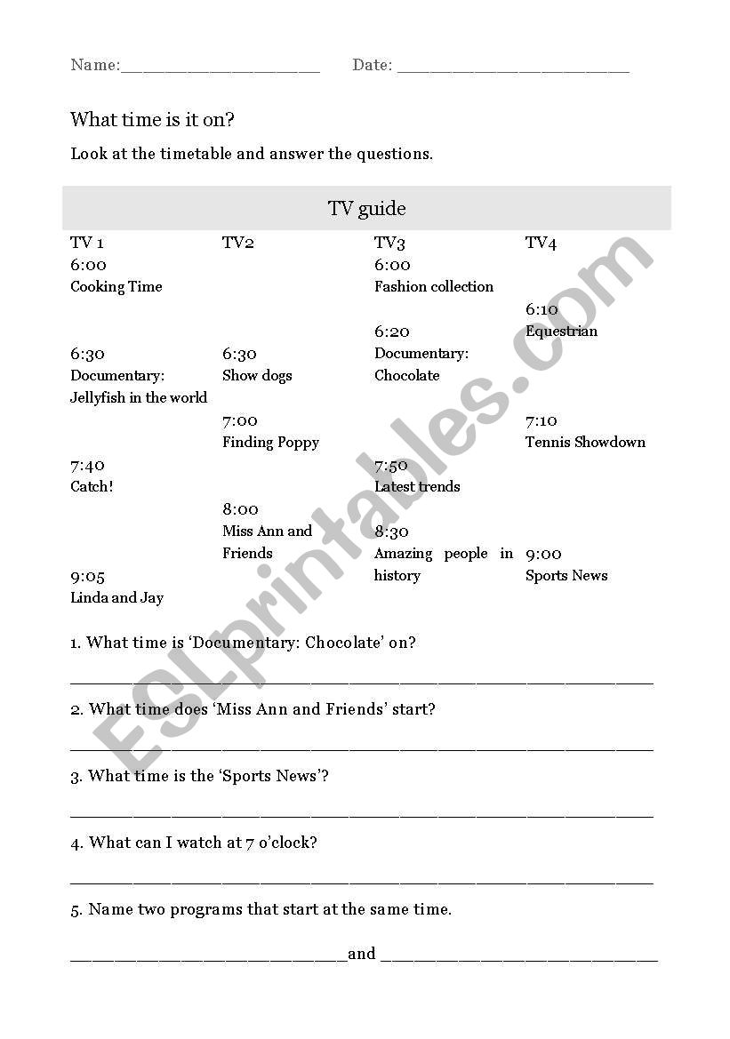 What time is it on? worksheet