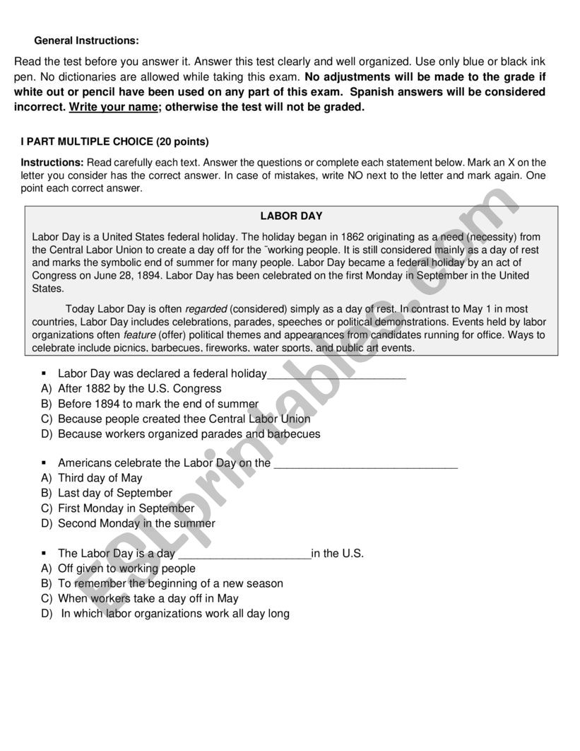 Holidays and celbrations worksheet