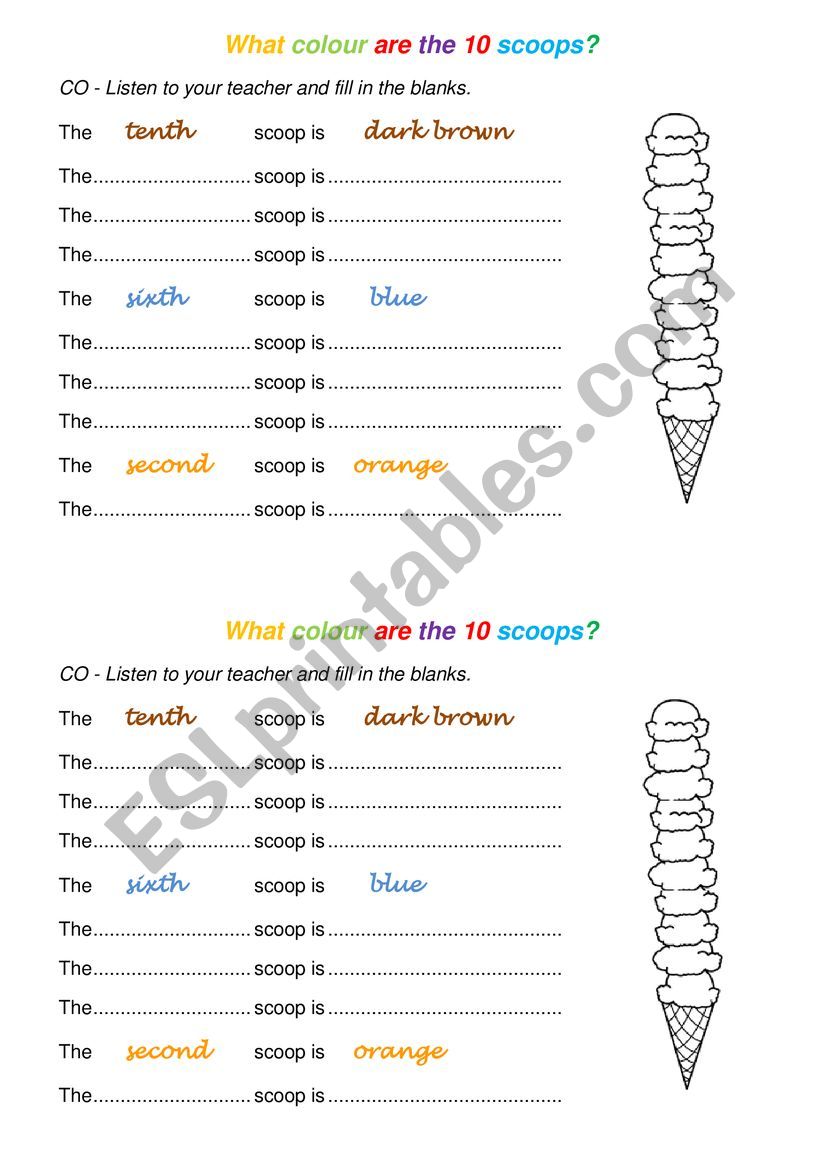 Colours and Ordinal numbers worksheet