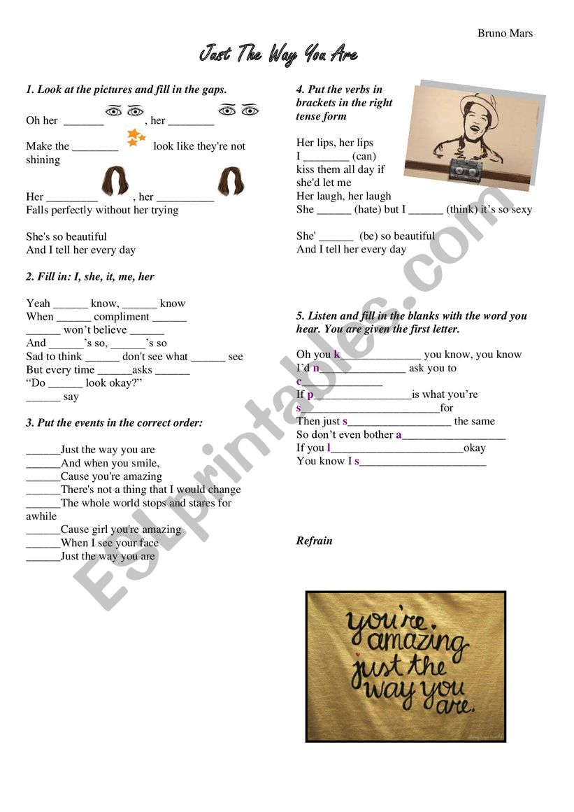 Just the way you are  worksheet