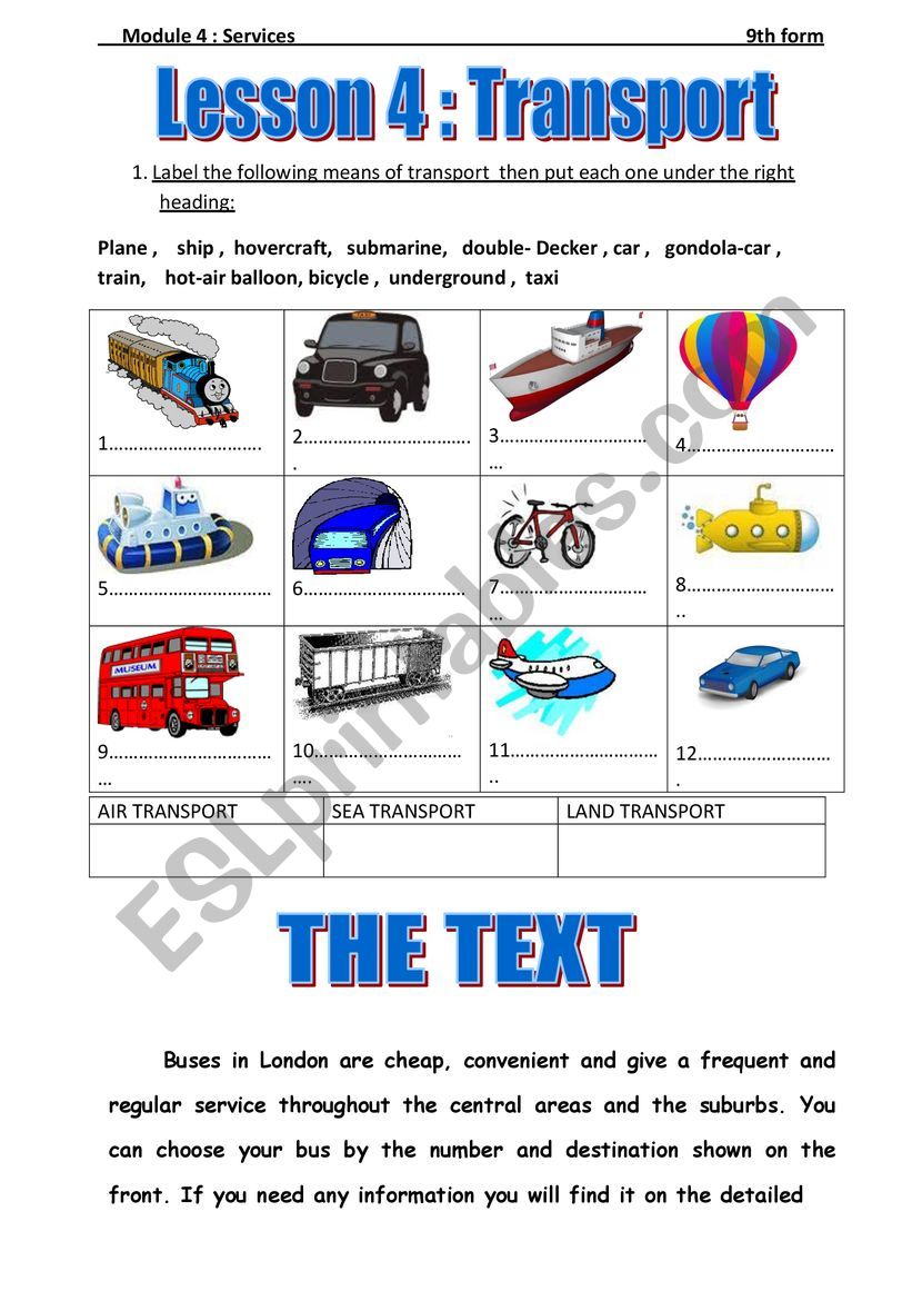 Module 4: SERVICES  Lesson 4/ TRANSPORT  9th Form 