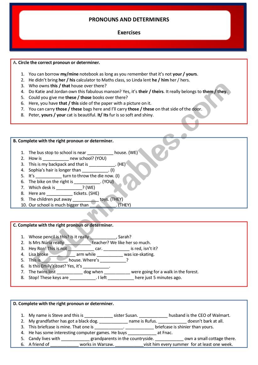 Pronouns and determiners worksheet