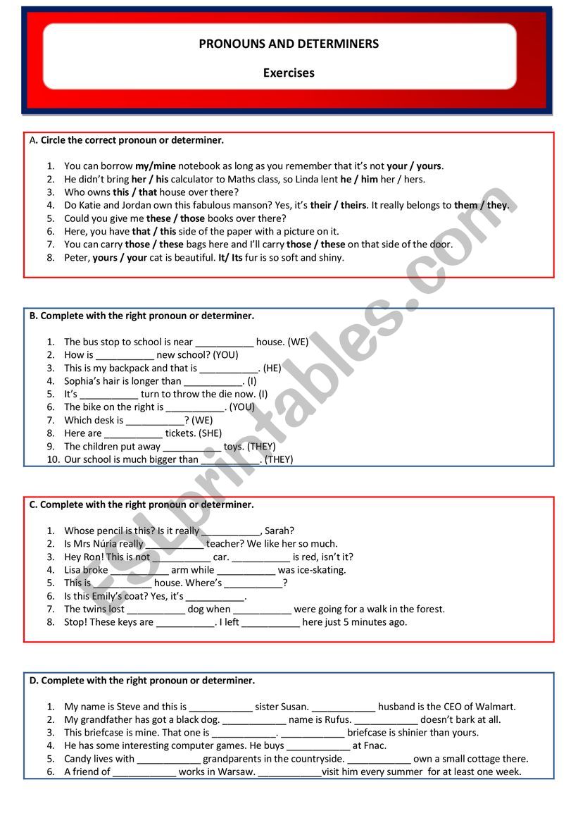 Pronouns and determiners worksheet