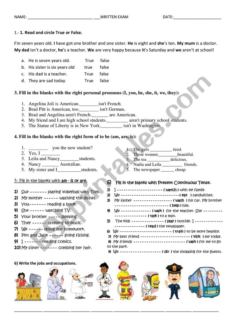 Present continuous and occupations exam