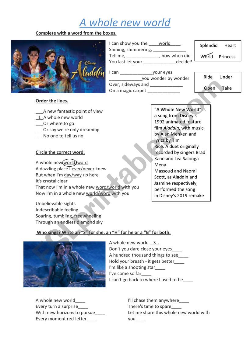 A whole new world worksheet