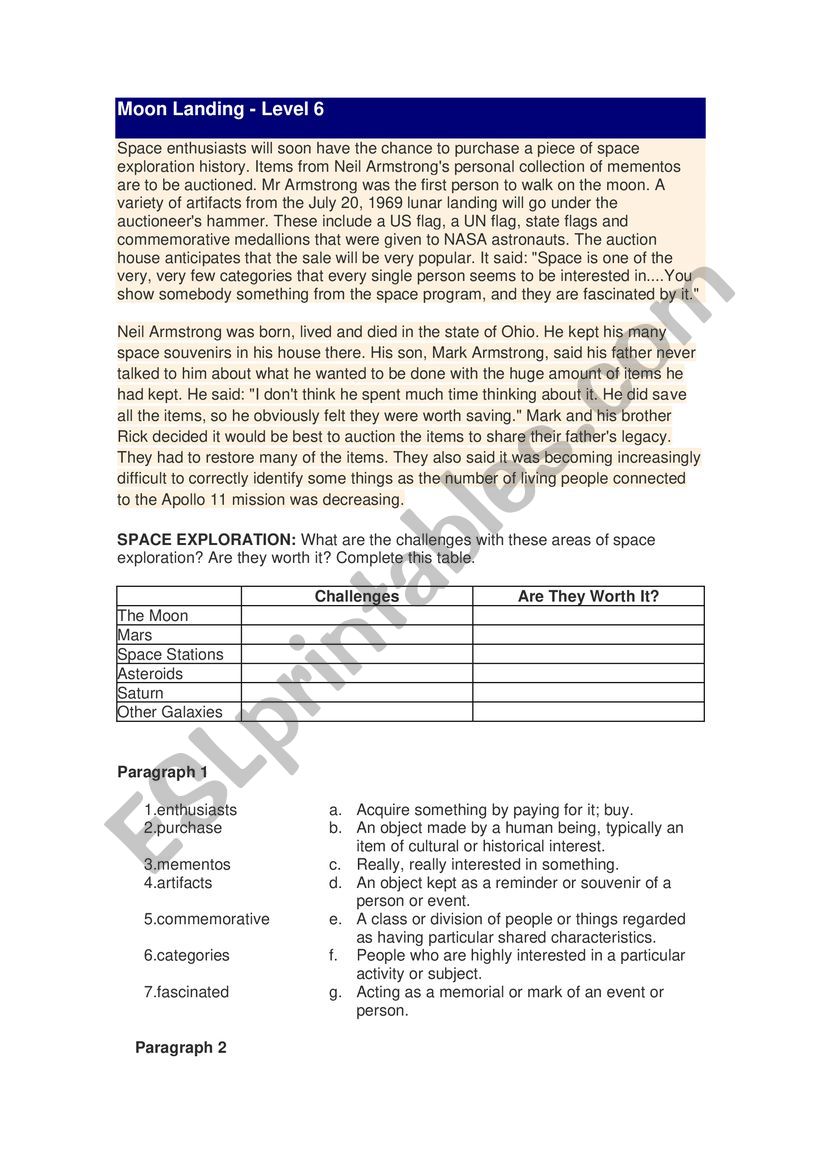 Moon Landing worksheet