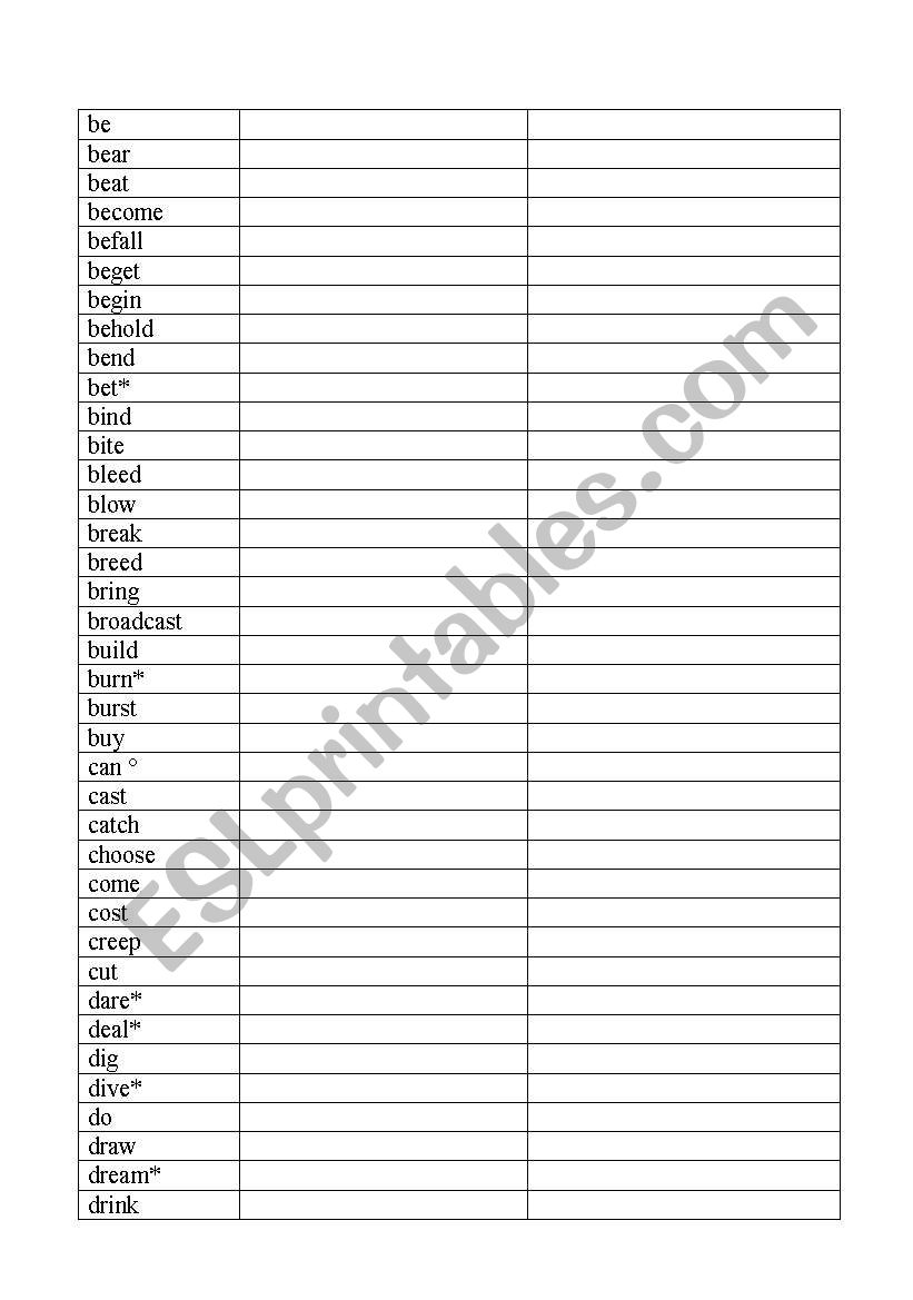 irregular verbs - a sheet for practising