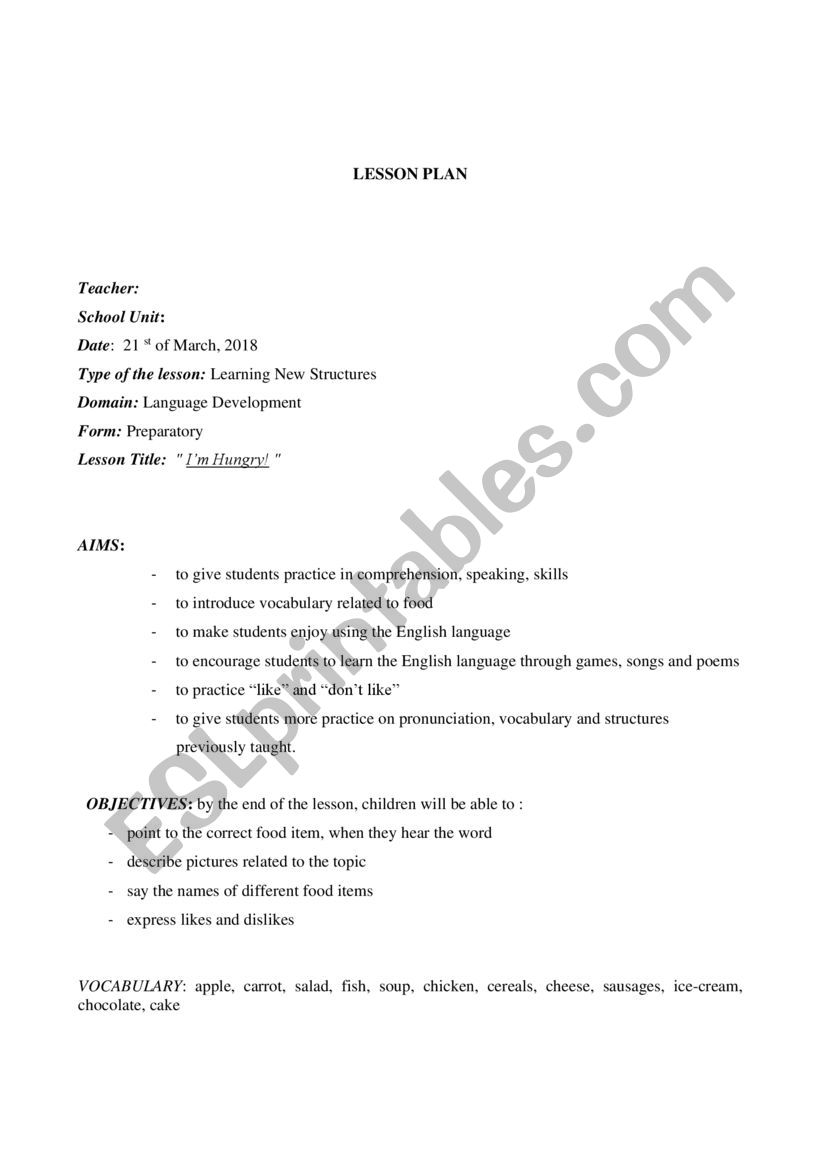 Food lesson plan worksheet