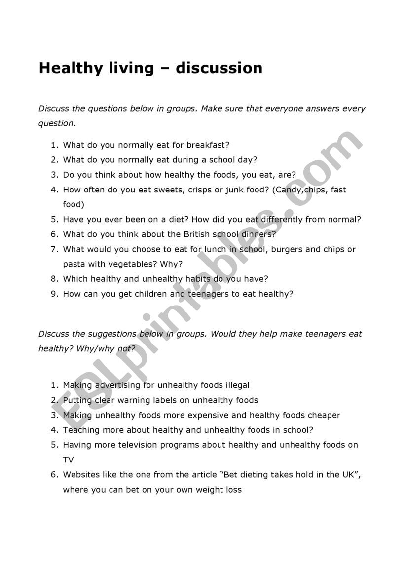 healthy living - discussion  worksheet