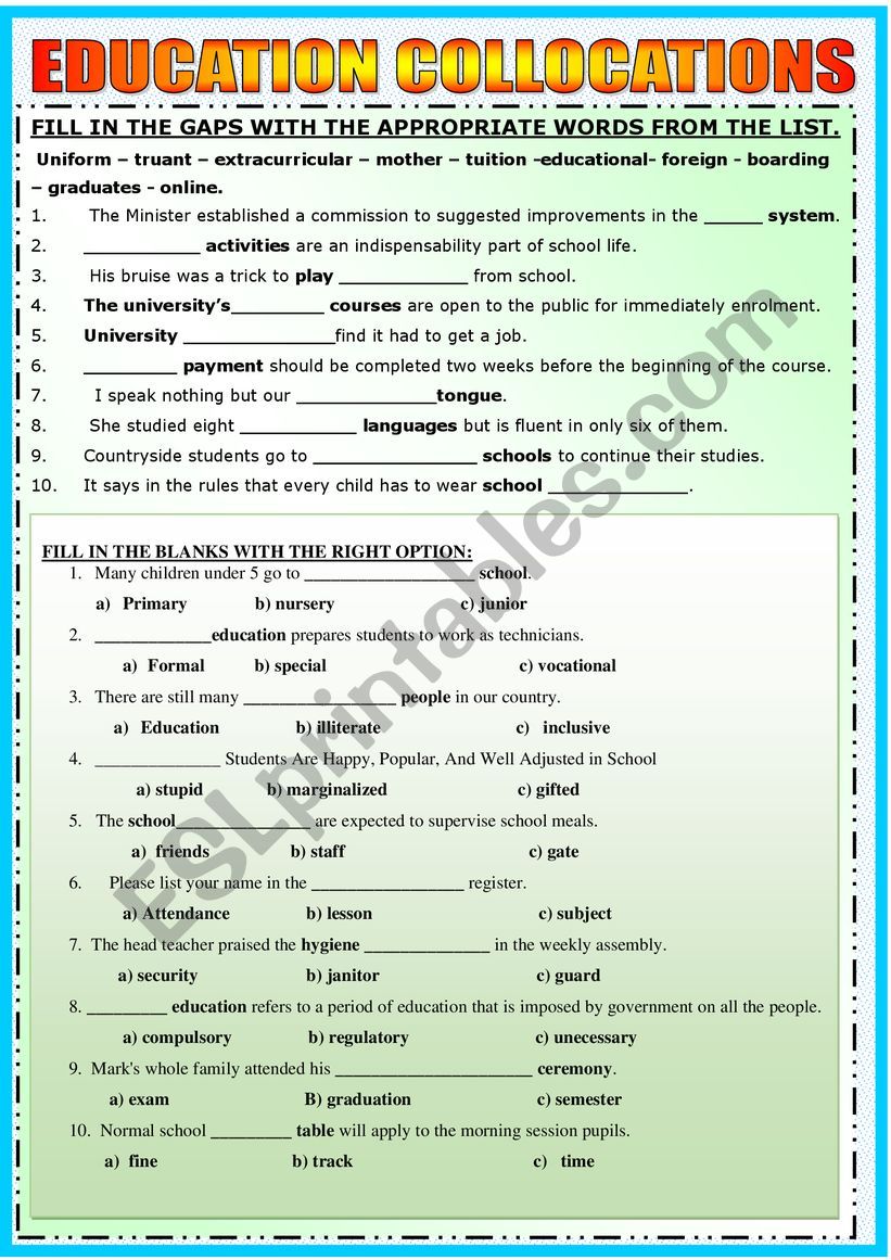 EDUCATION COLLOCATIONS worksheet