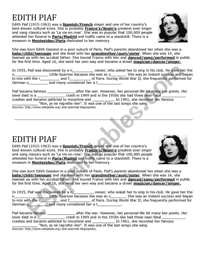 Edith Piaf LISTENING worksheet