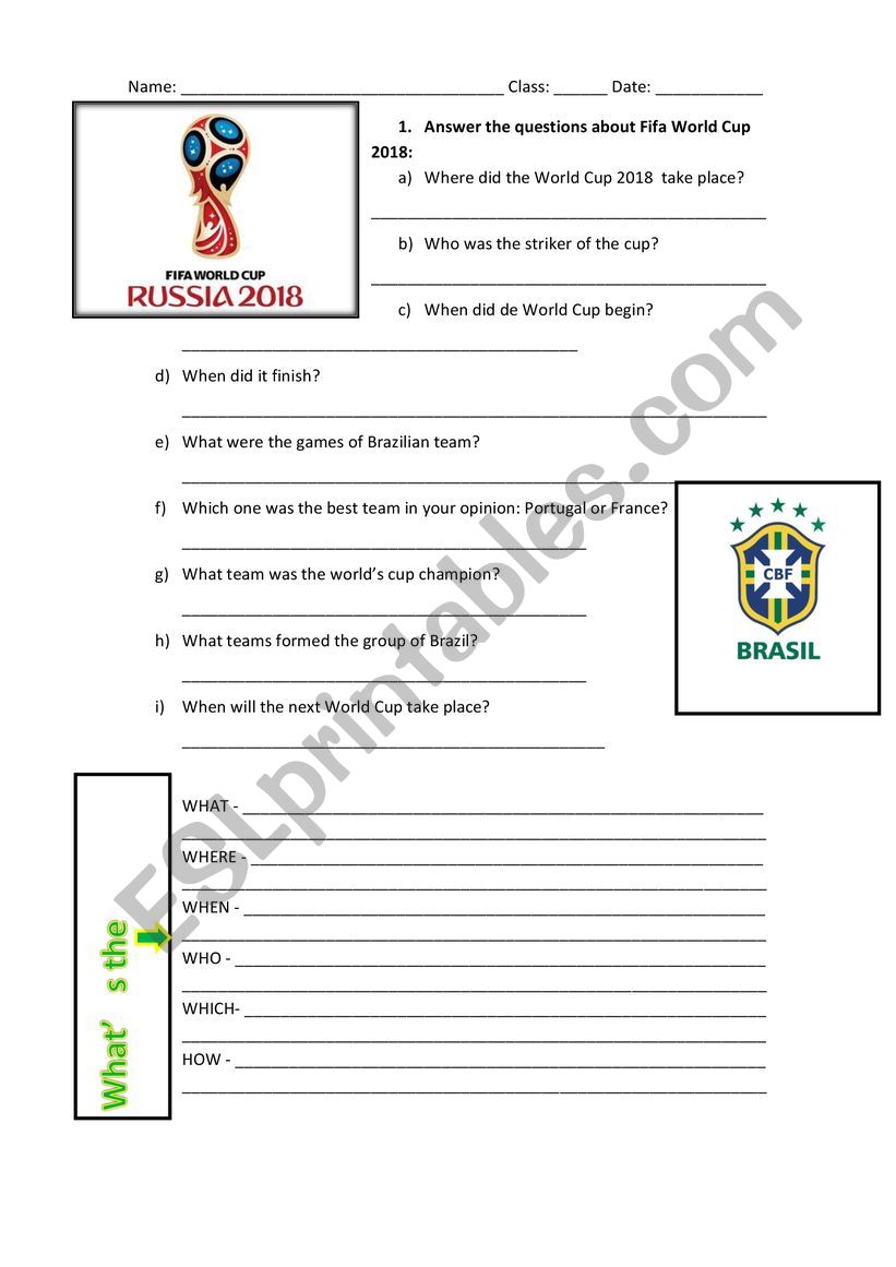 Fifa world cup 2018 worksheet