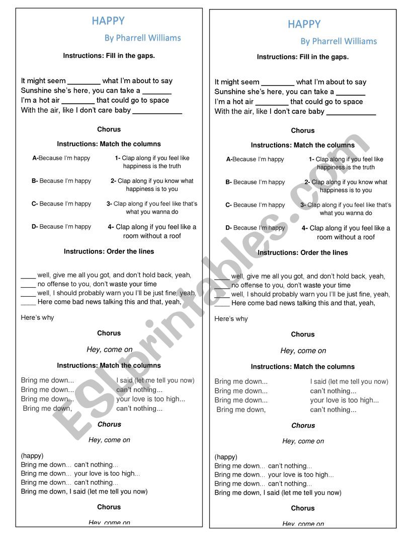 Happy by Pharrel Williams Worksheet