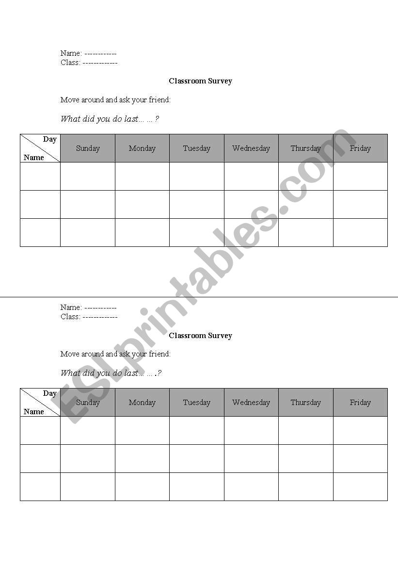 What did you do last...? (classroom survey)