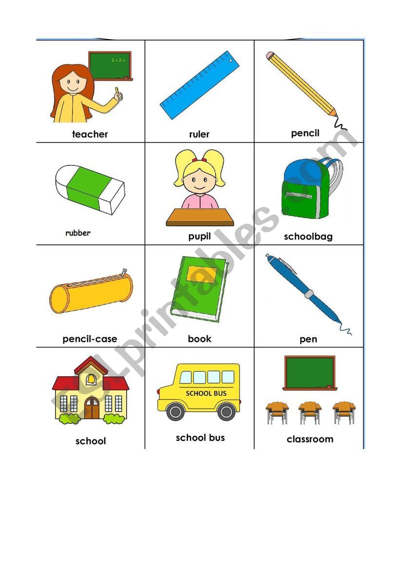 School objects memory game worksheet