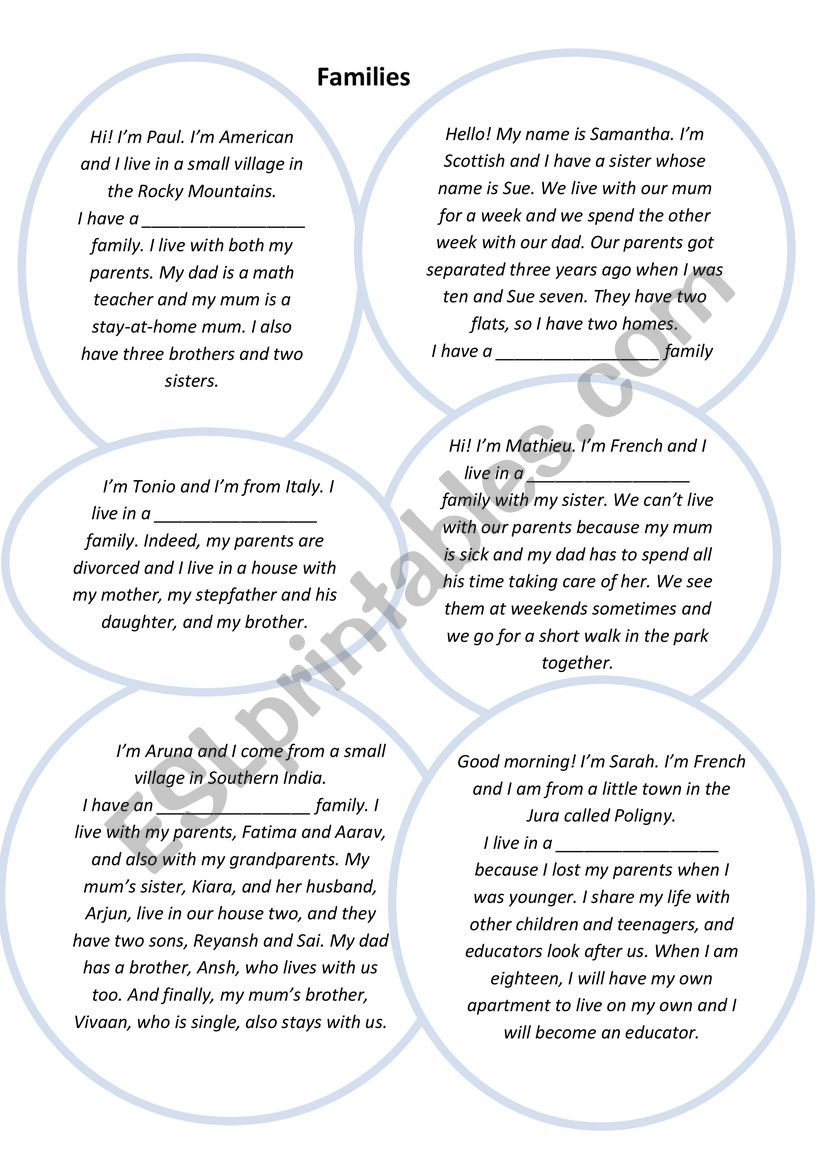 Types of families worksheet