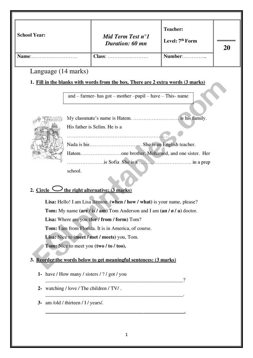 7th grade mid term test n1 worksheet