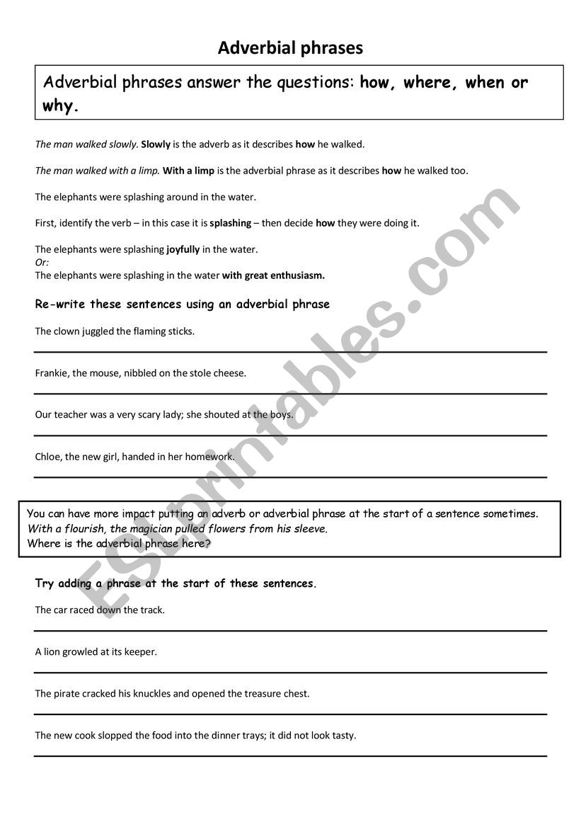 Adverbial Phrases Worksheet
