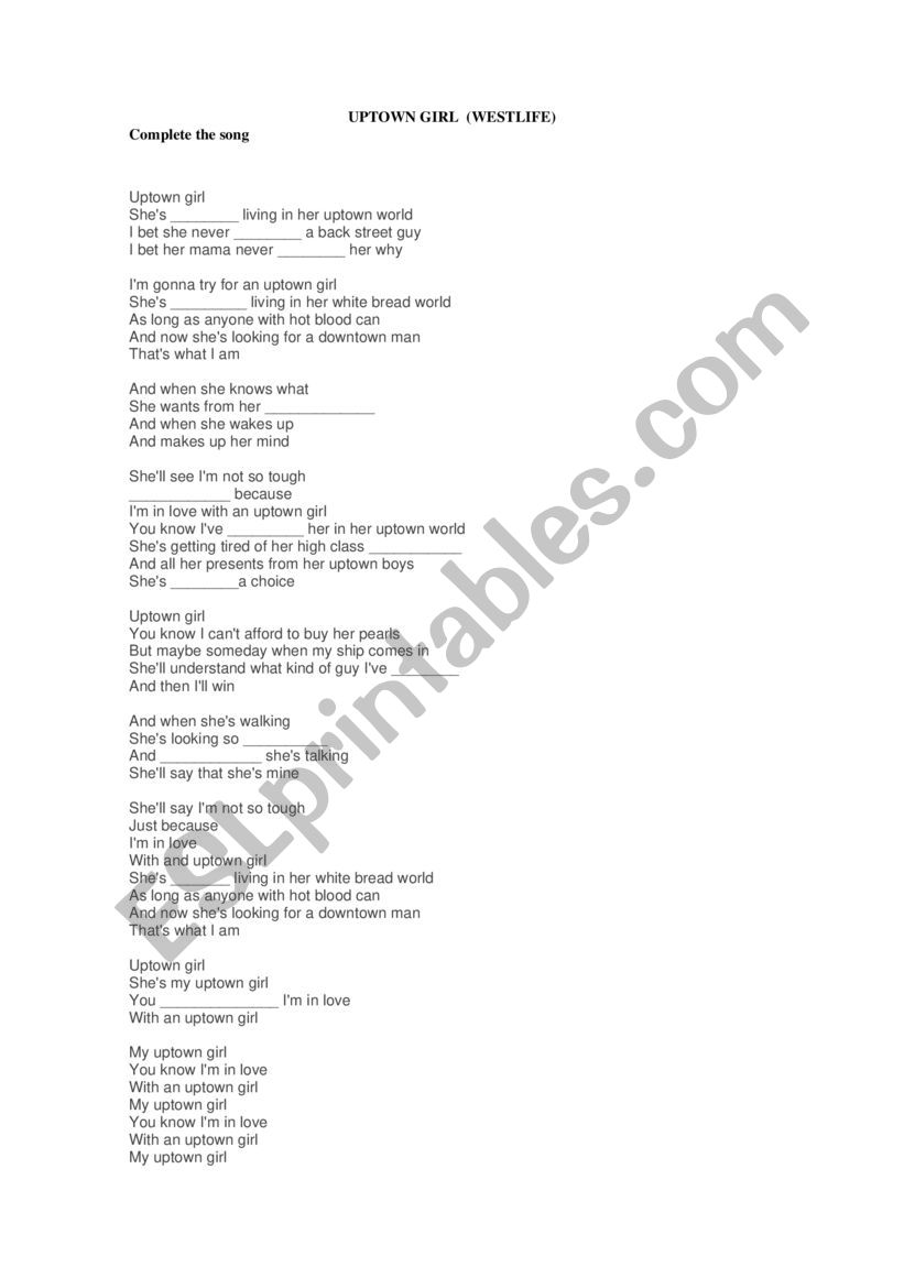 UPTOWN GIRL  (WESTLIFE) worksheet