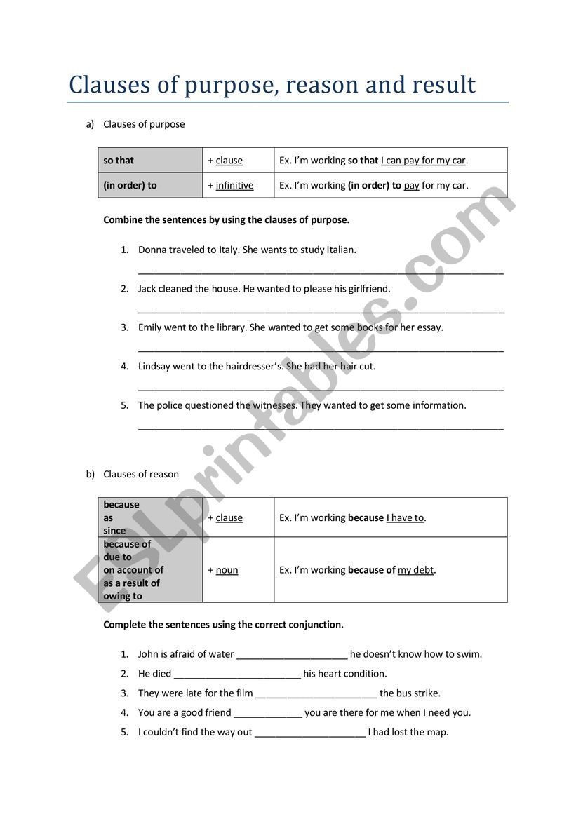 Clauses on purpose, reason and result