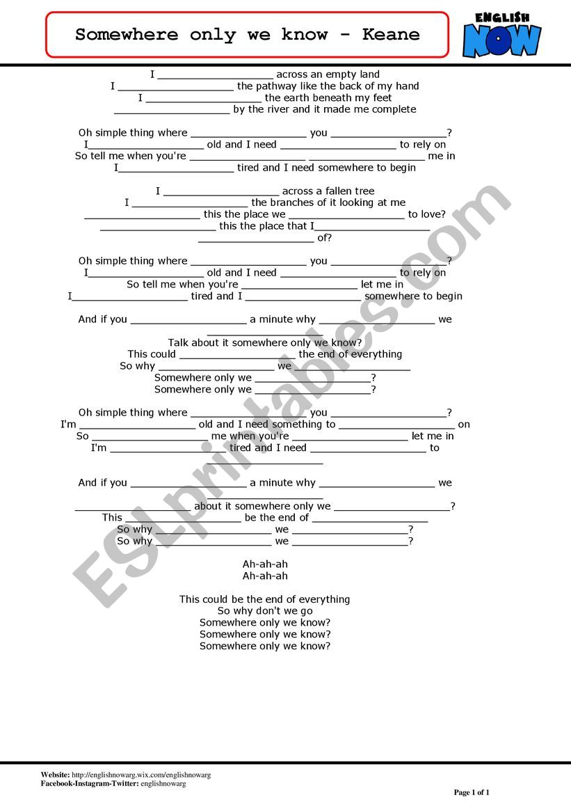 Somewhere only we know worksheet