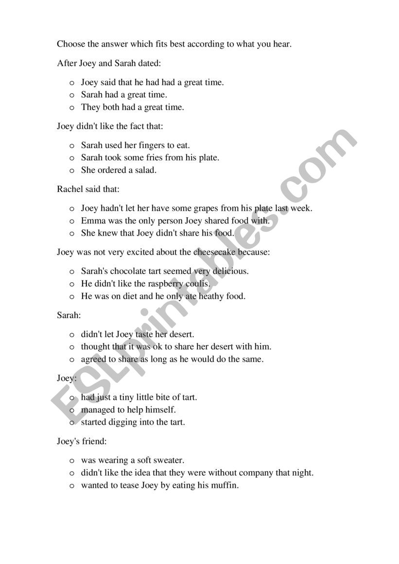 joey doesnt worksheet