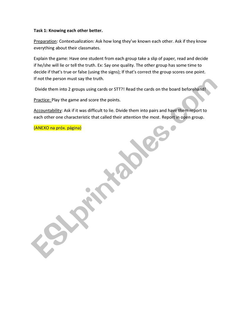 First day game worksheet