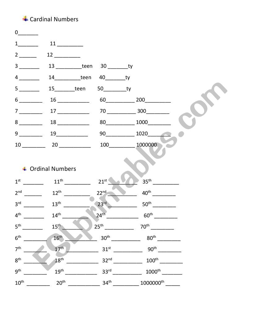 cardinal and ordinal numbers worksheet