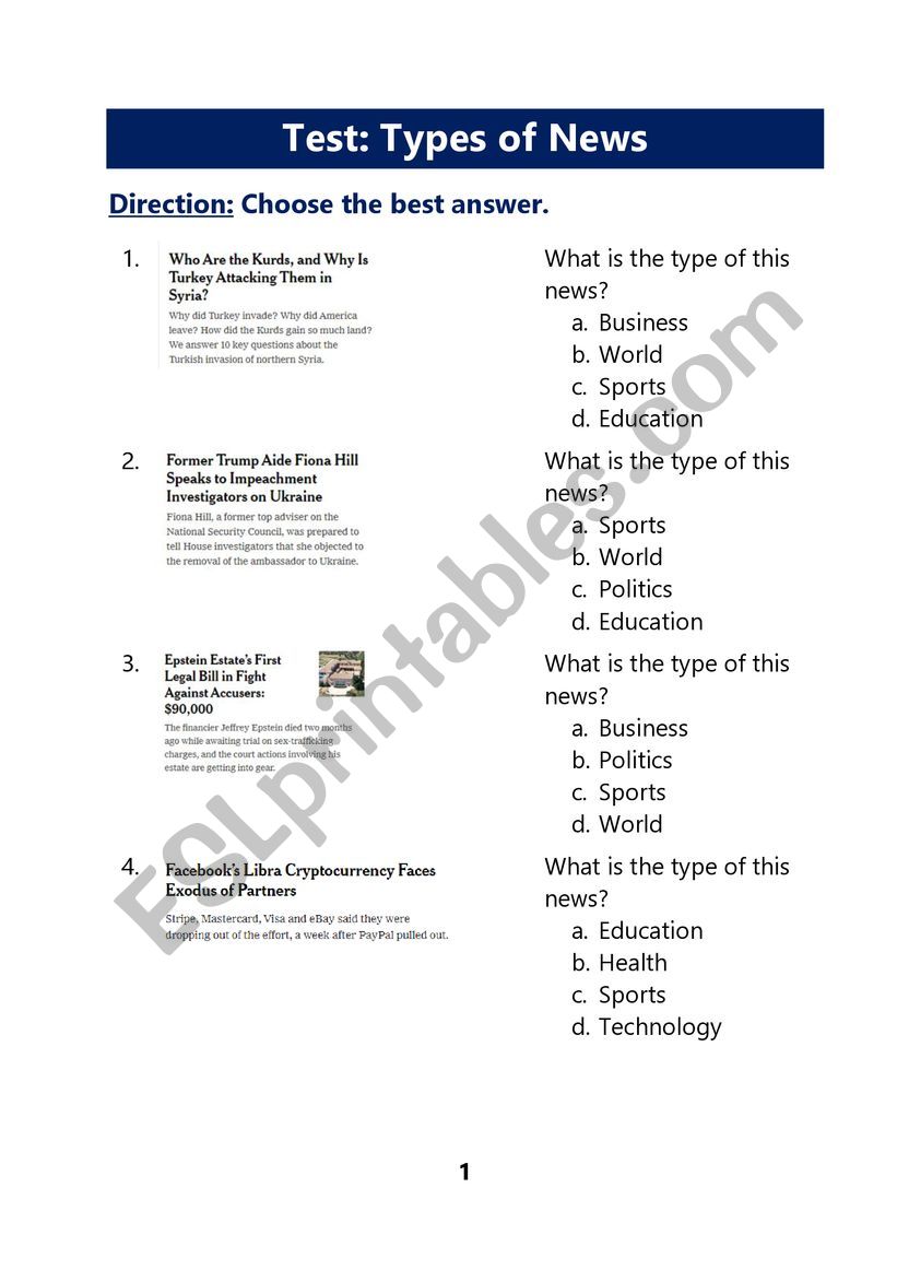 Test: Types of News worksheet