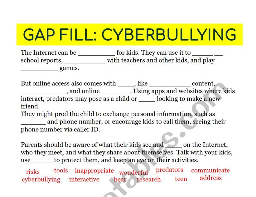 Cyberbullying Gap fill  worksheet