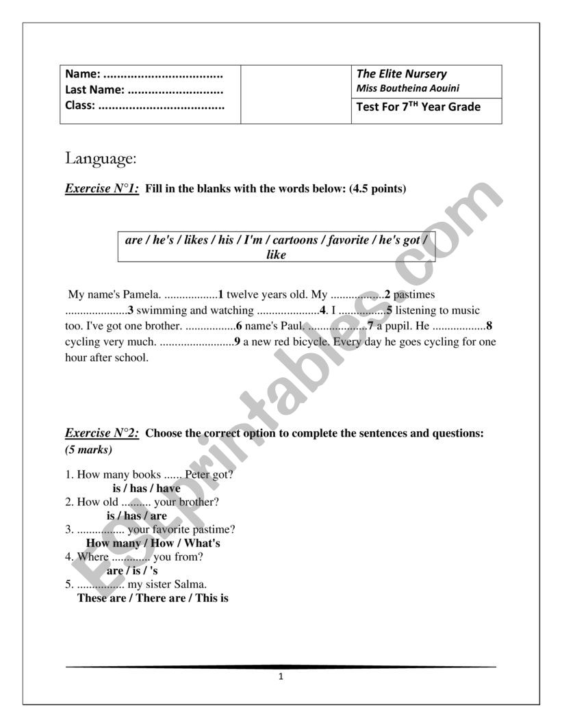 Test for 7th grade worksheet