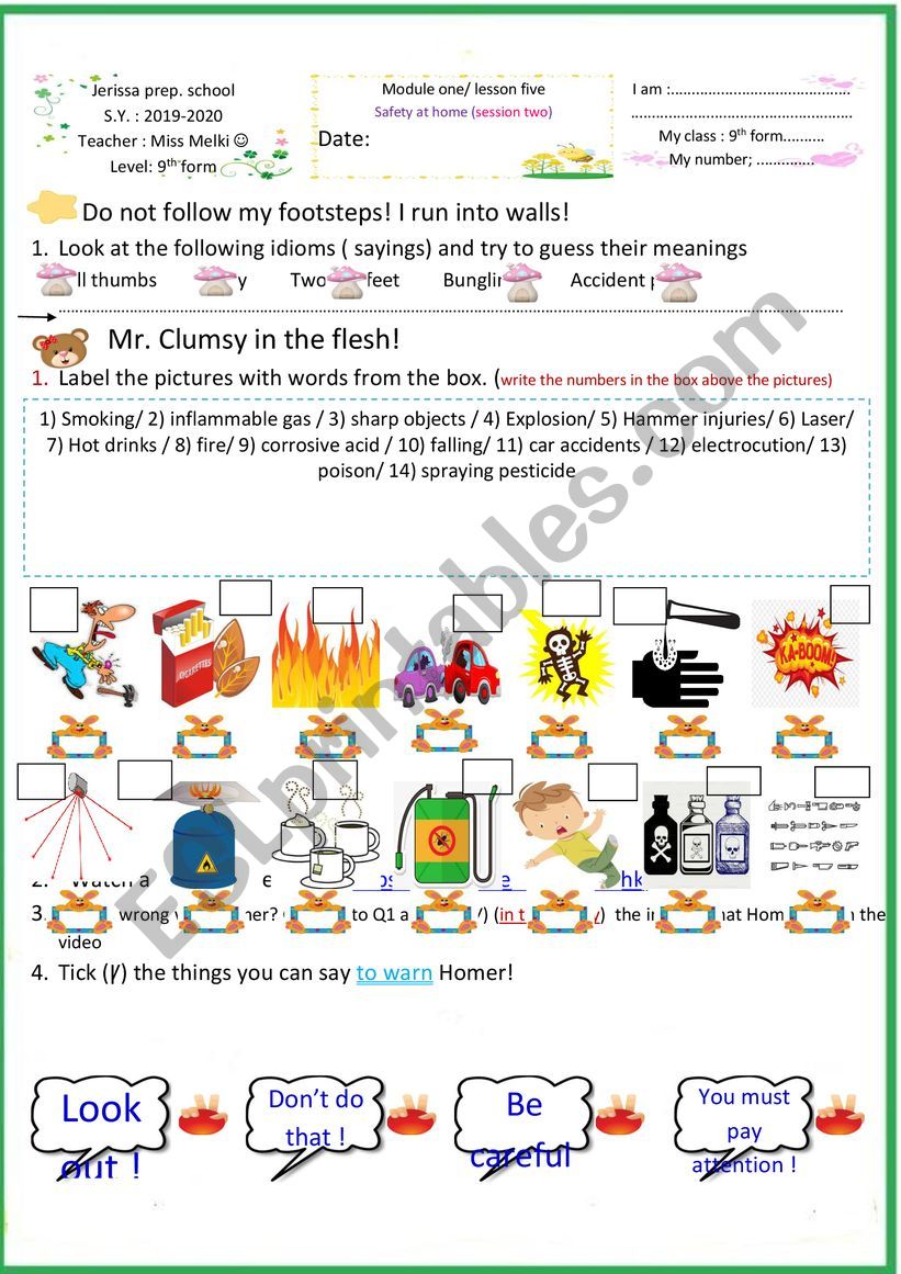 Safety at home (session TWO) worksheet