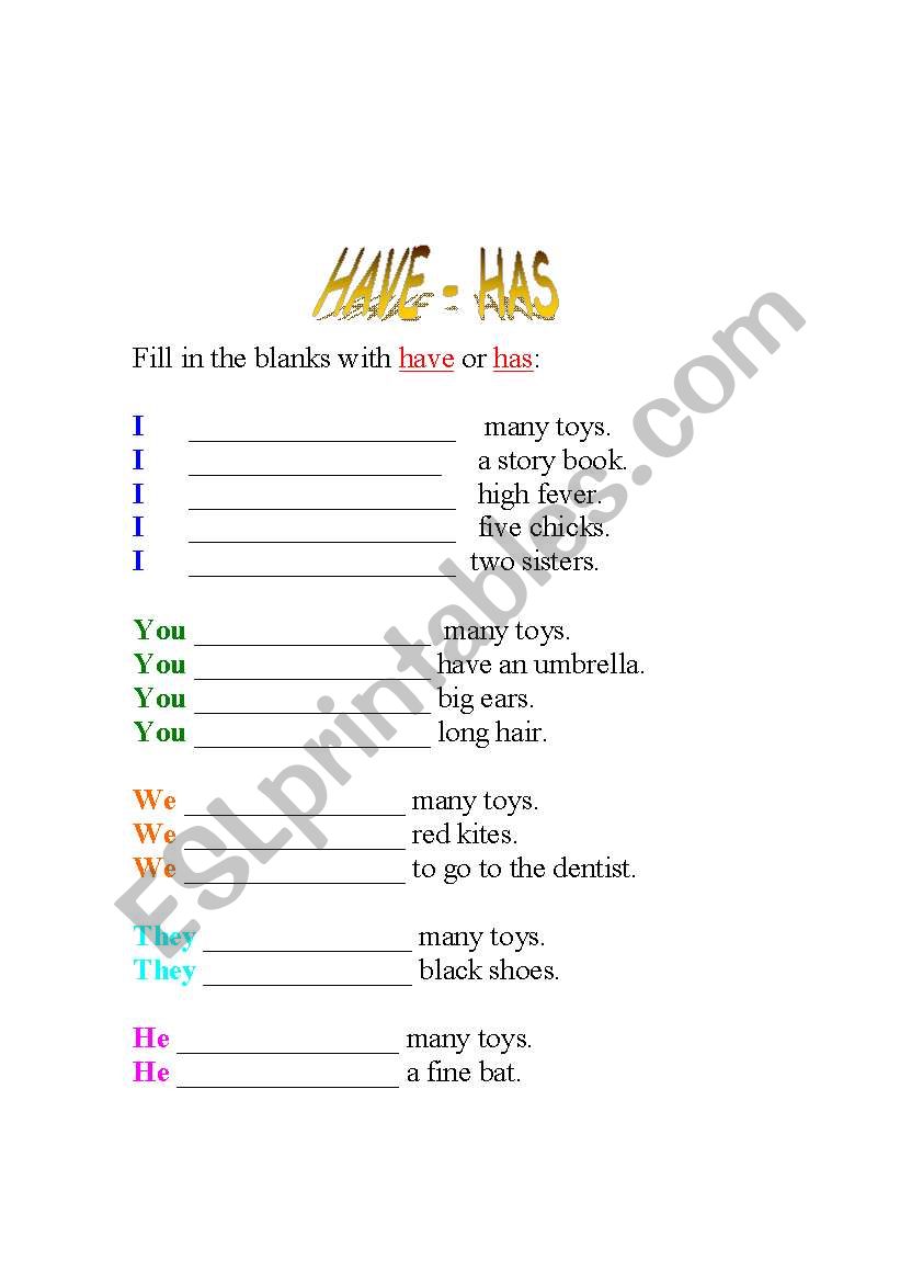 HAVE  -   HAS  worksheet