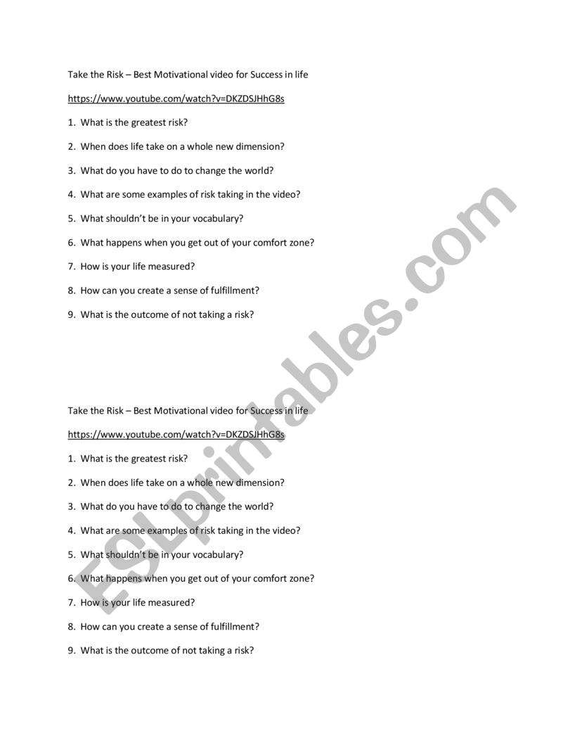 Take a Risk worksheet