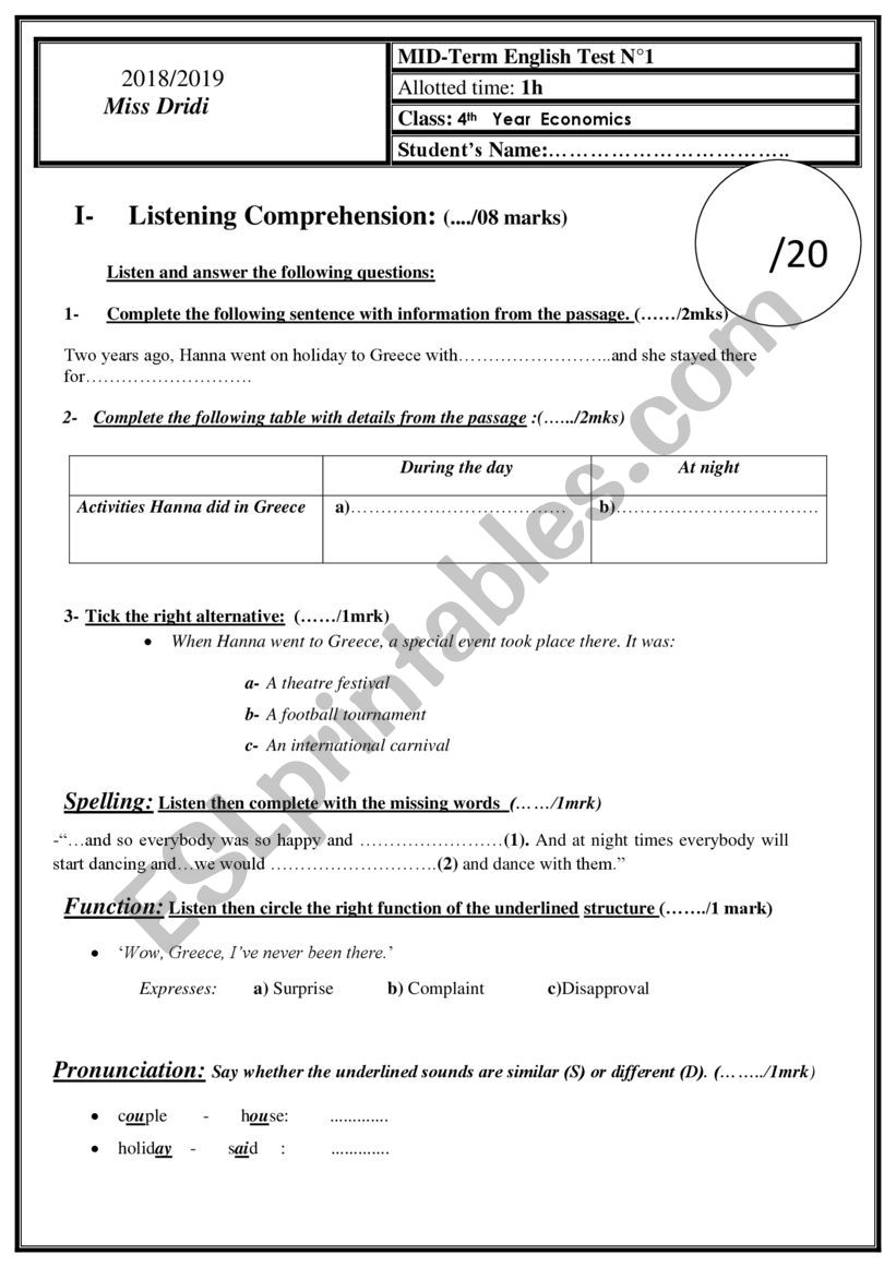 4th year mid term test 1 worksheet