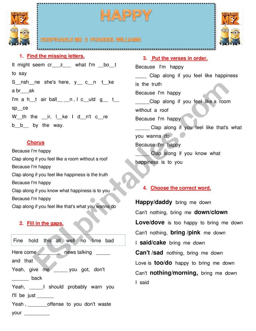 HAPPY DESPICABLE ME 2 WORKSHEET