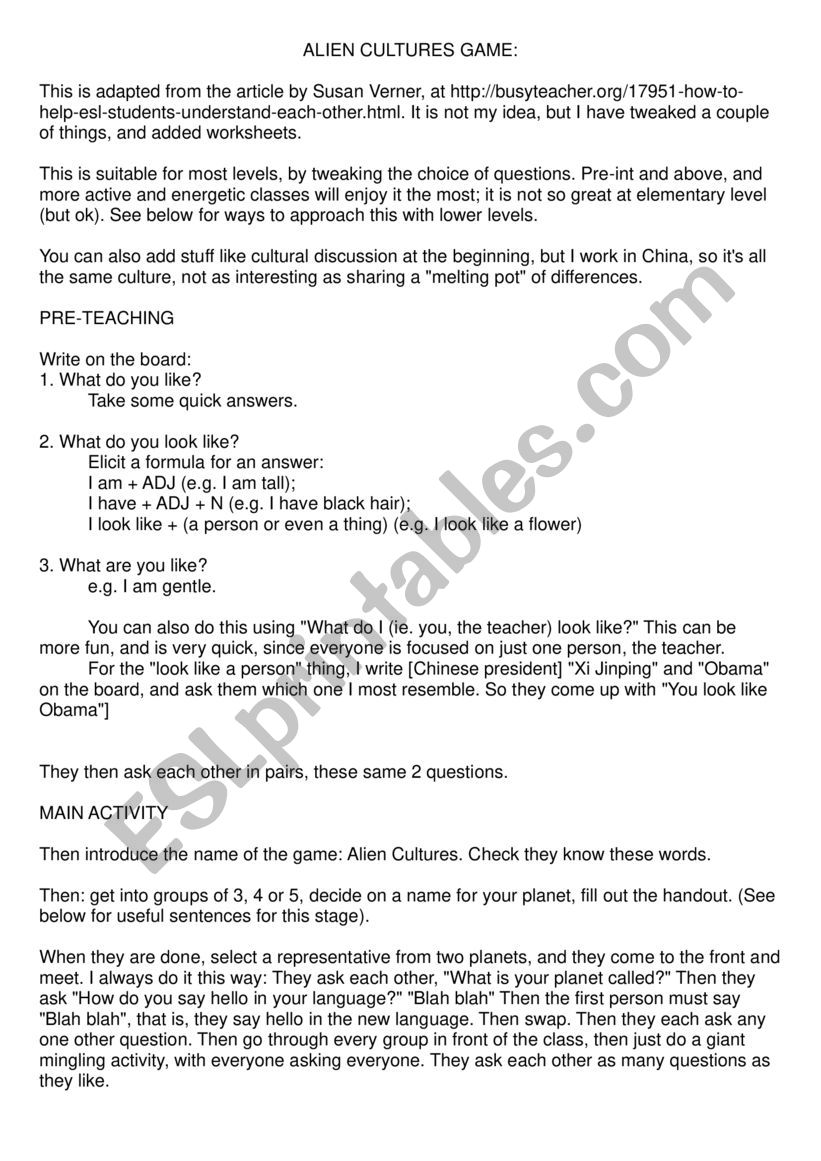 Alien Culture worksheet