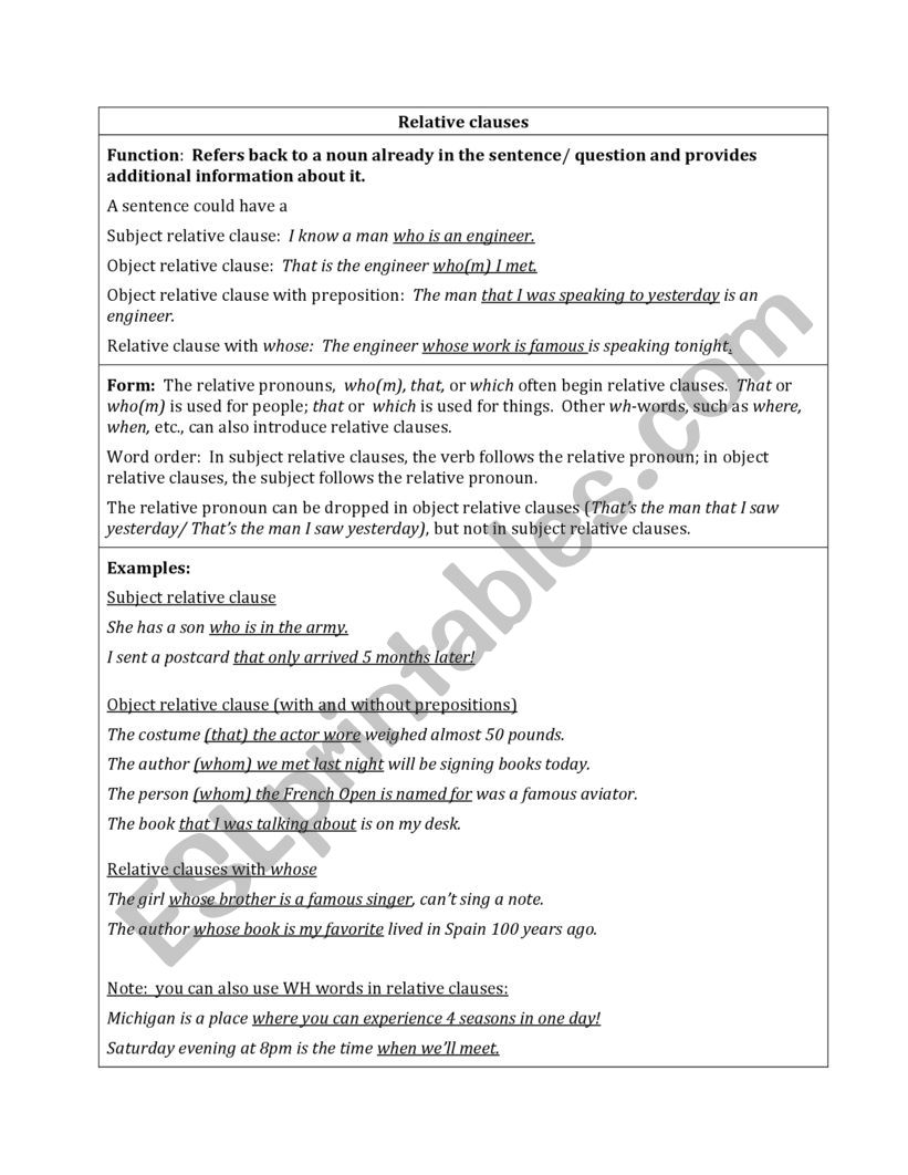 Relative clauses worksheet